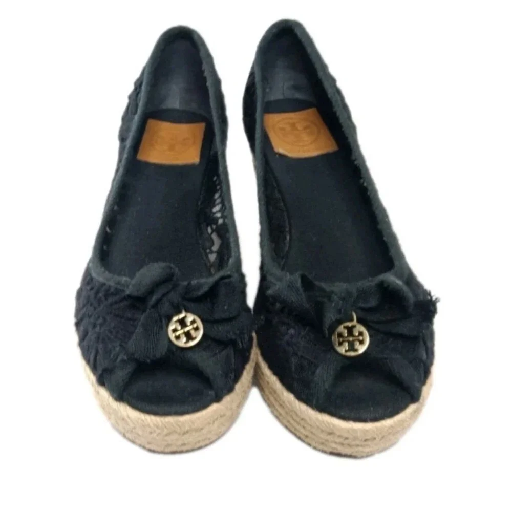 Tory Burch Jackie Wedge Espadrille Shoes Women’s Size 8.5 Black Crochet  Lace